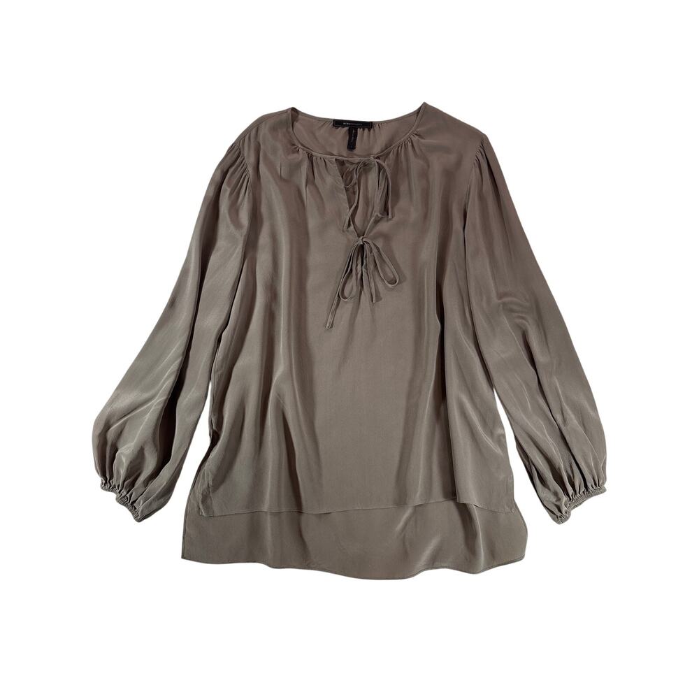 BCBG Max Azria Evana Silk‎ Blouse Womens Tie Front Long Sleeve Green Top L